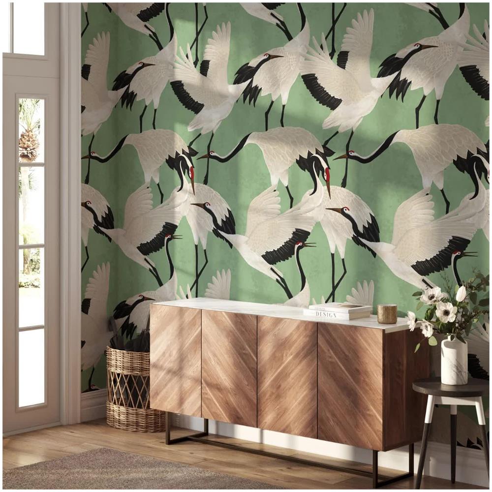 Carta Da Parati Aironi Verdi In Fogli Di Vera Carta Vegana, Made In Italy, 200x280cm, 5,5mq - Foto 2