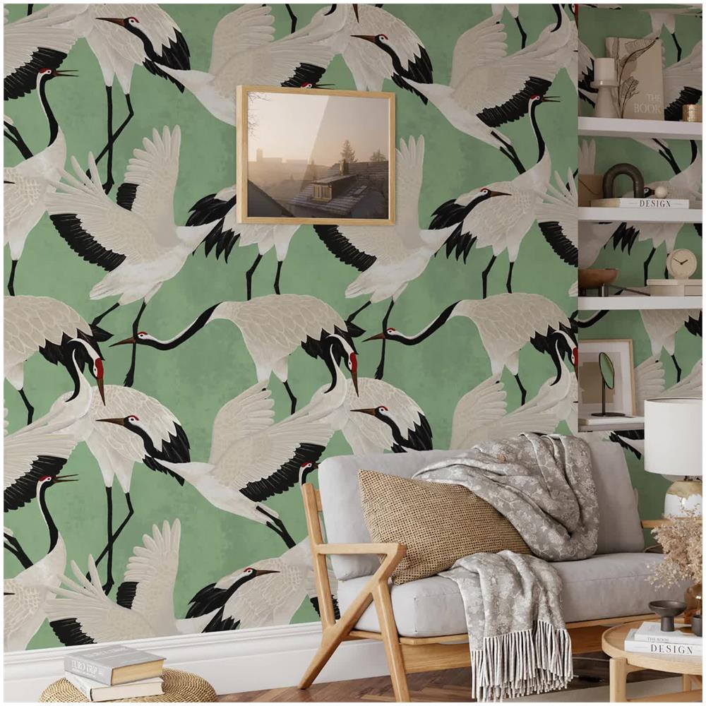 Carta Da Parati Aironi Verdi In Fogli Di Vera Carta Vegana, Made In Italy, 200x280cm, 5,5mq - Foto 3