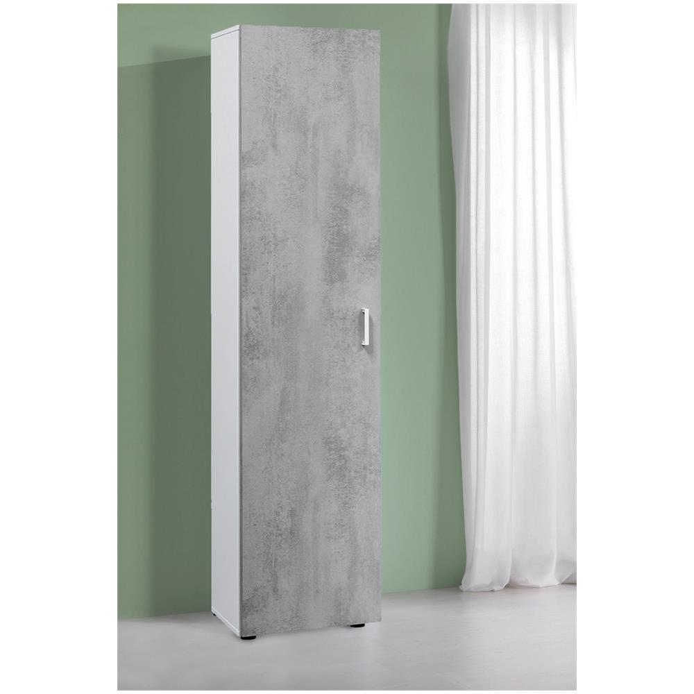 Armadio Multiuso Reno, Mobile Ausiliario A 1 Anta E 3 Ripiani, Guardaroba Moderno, Mobile Alto A Colonna, 41x37h182 Cm, Cemento E Bianco - Foto 1