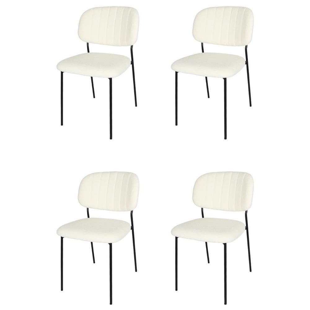 Set 4 Sedie Sala Da Pranzo Rivalta Gambe In Acciaio Nero Opaco, Tessuto Bouclé Bianco - Foto 1