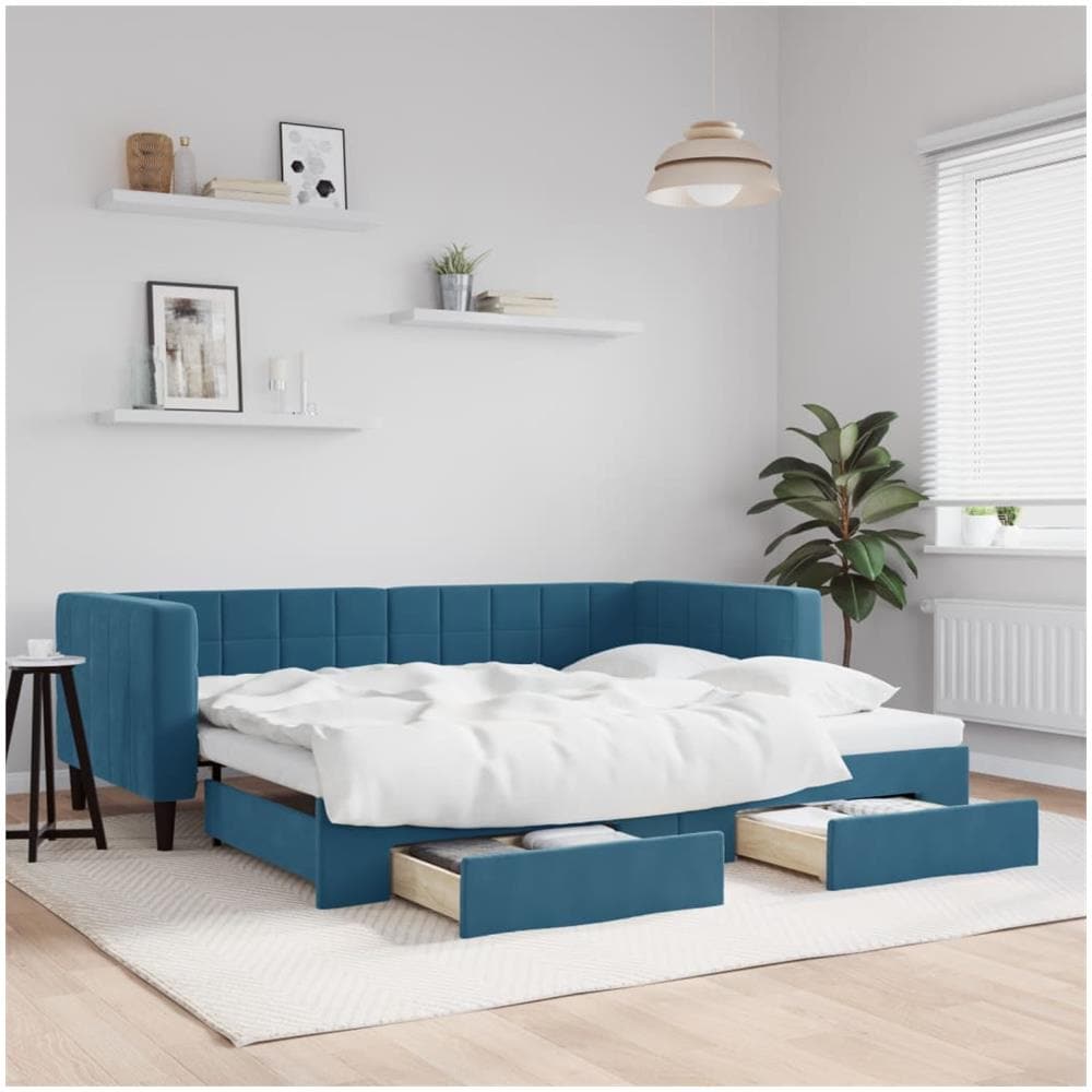Divano Letto Estraibile Con Cassetti Blu 90x200 Cm In Velluto - Foto 1