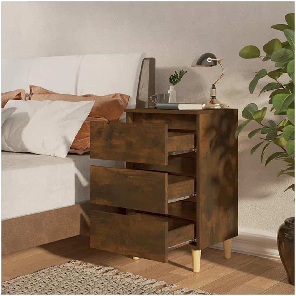 Comodini con Gambe in Legno Massello 2pz Rovere Fumo 40x35x69cm - Foto 3
