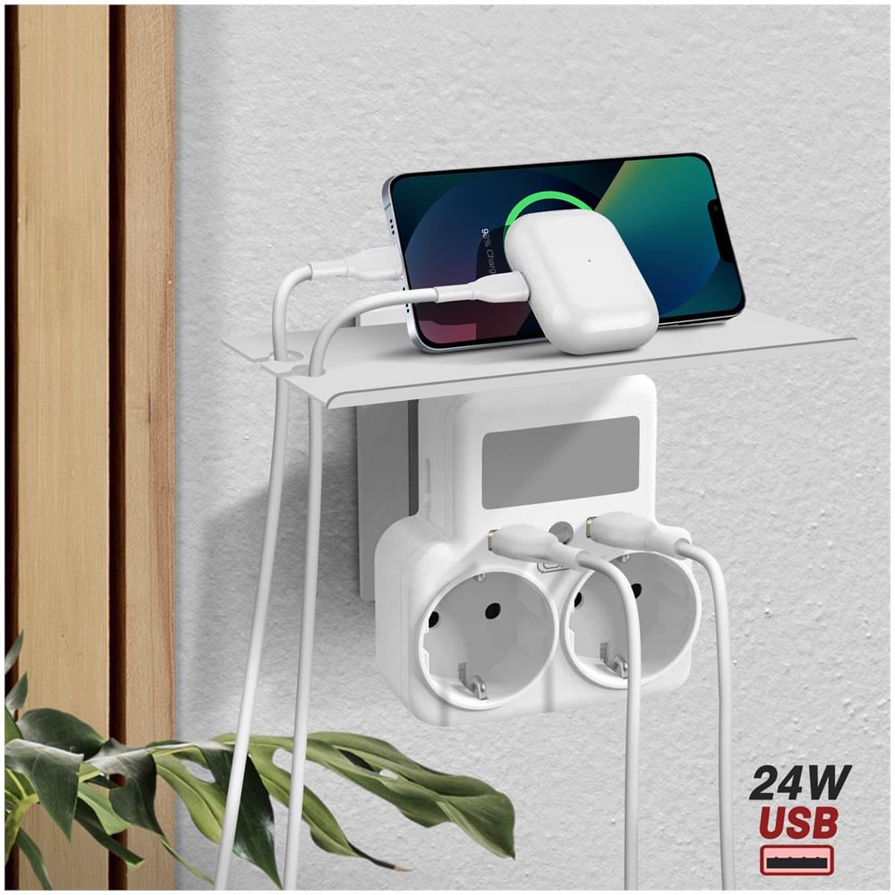 Adattatore Multipresa Con 2 Prese E 2 Porte Usb 24w, Luce A Led Bianco - Foto 6