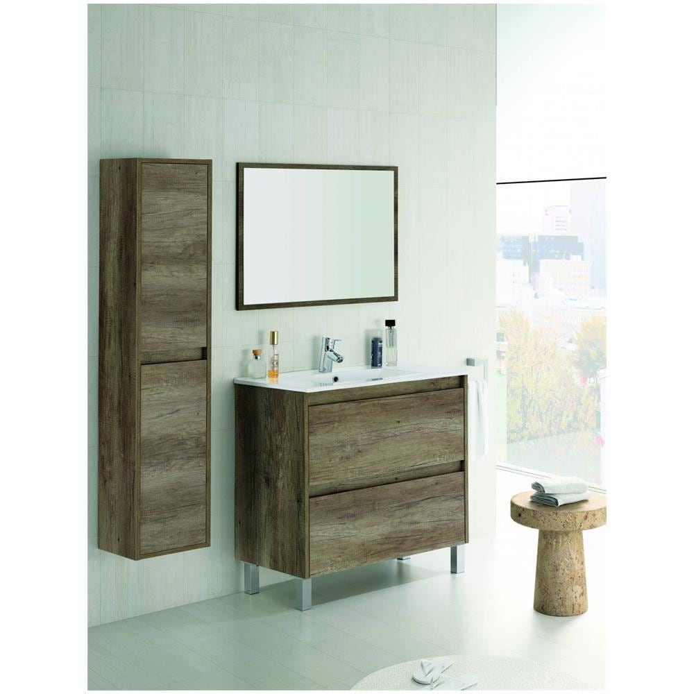 Mobile Sottolavabo Modesto, Mobiletto Sospeso Con 2 Cassetti, Armadio Per Bagno Con Specchio, Lavabo Escluso, 80x45h80 Cm, Quercia - Foto 1