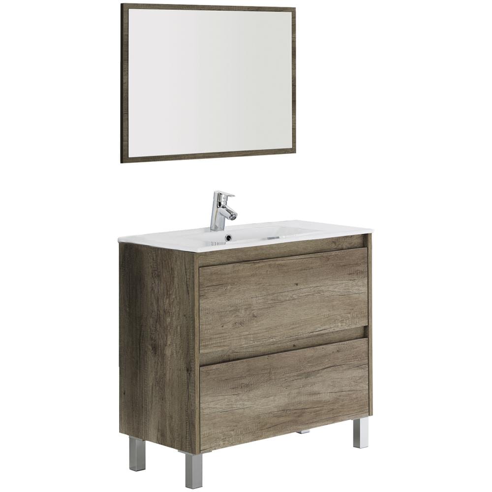 Mobile Sottolavabo Modesto, Mobiletto Sospeso Con 2 Cassetti, Armadio Per Bagno Con Specchio, Lavabo Escluso, 80x45h80 Cm, Quercia - Foto 2