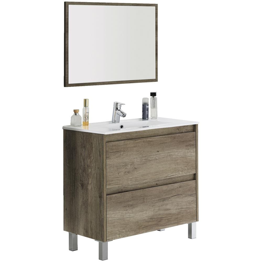 Mobile Sottolavabo Modesto, Mobiletto Sospeso Con 2 Cassetti, Armadio Per Bagno Con Specchio, Lavabo Escluso, 80x45h80 Cm, Quercia - Foto 4