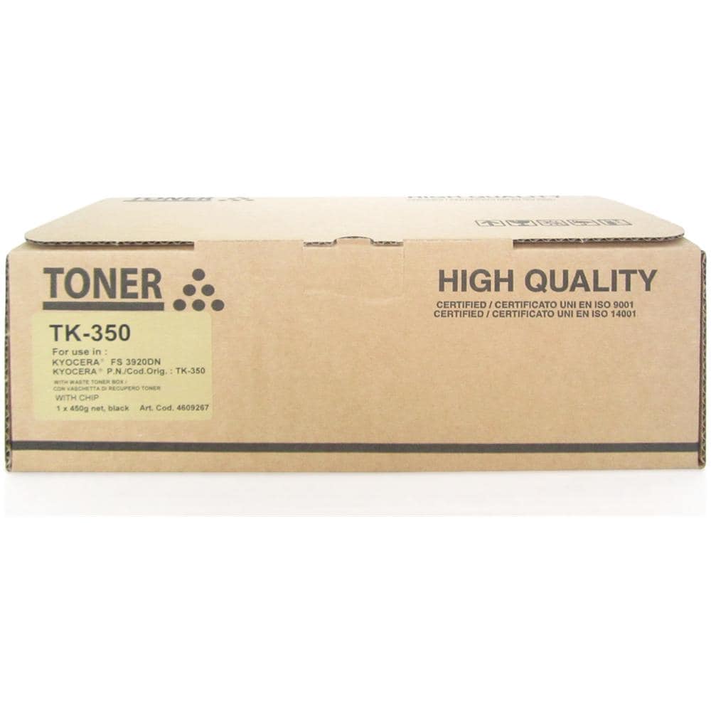 TONER COMPATIBILE - Cartuccia Con Chip + Vaschetta Recupero, TK-350, 1T02LX0NL0, Nero, Laser, Kyocera, KYOCERA - MITA FS-3920DN, KYOCERA - MITA FS-3140MFP, KYOCERA - MITA FS-3040, KYOCERA - MITA FS-3040M, TK-350, 1T02LX0NL0, ISO 9001:2008, ISO 14001:2004 - Foto 1
