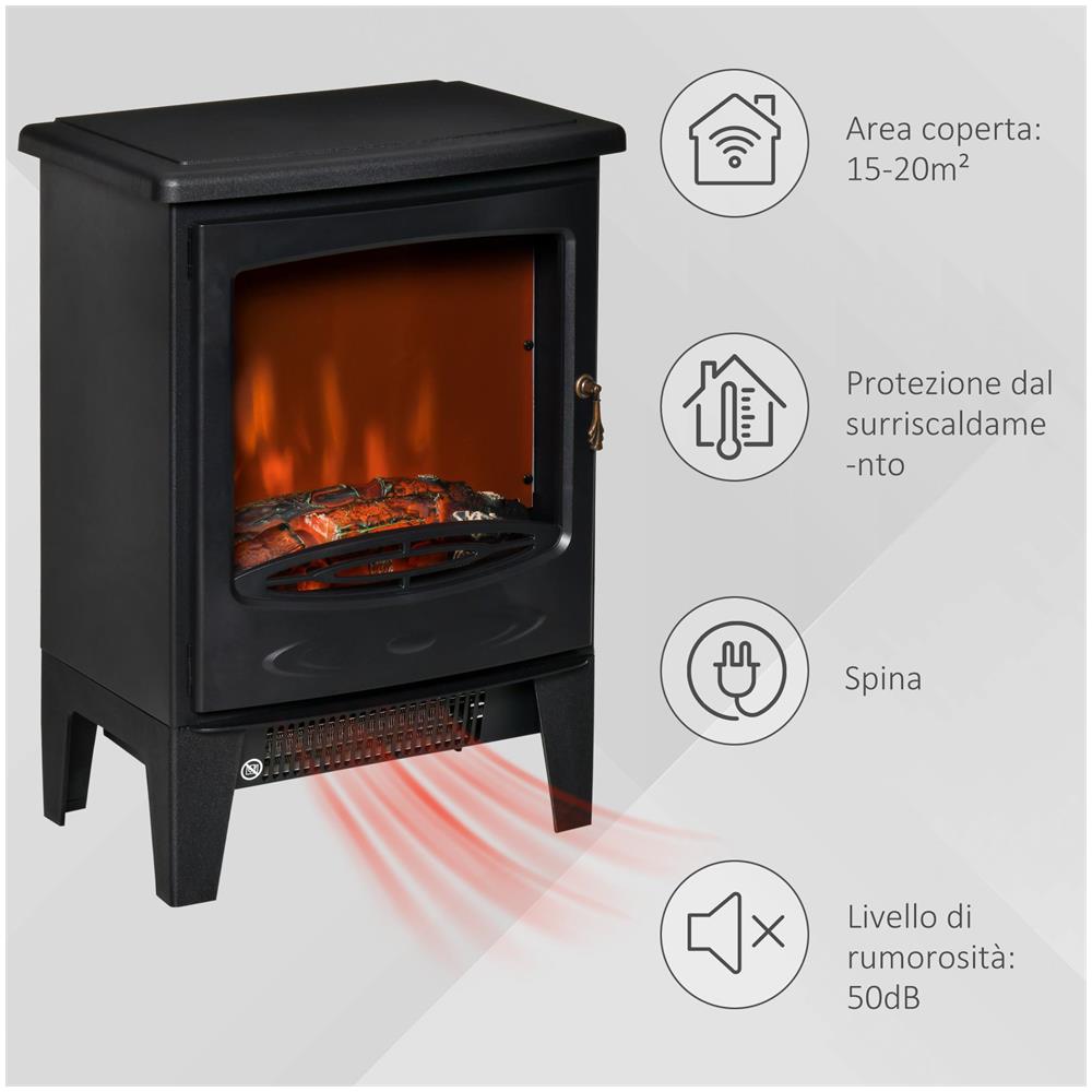 Camino Elettrico da Terra con Effetto Fiamma, Temperatura Regolabile 900W-1800W, Copertura 15-20m?, 39x26x54.8cm, Nero - Foto 6