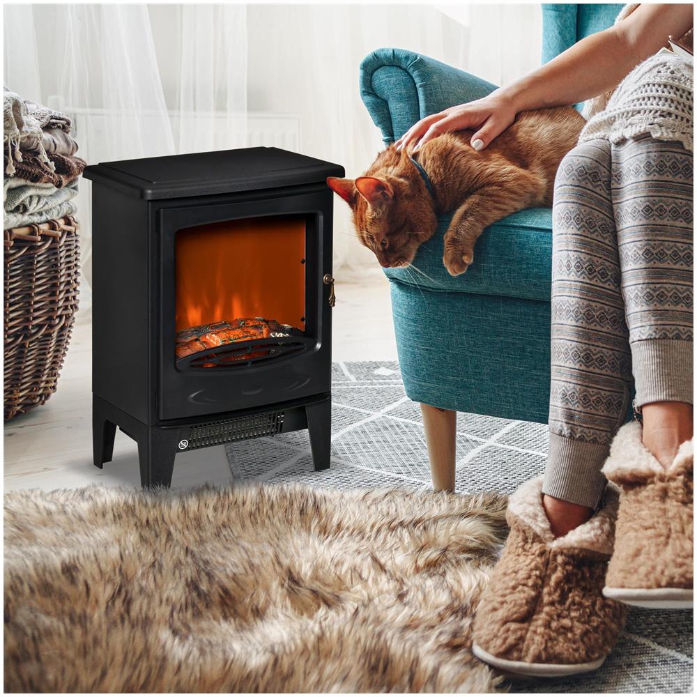 Camino Elettrico da Terra con Effetto Fiamma, Temperatura Regolabile 900W-1800W, Copertura 15-20m?, 39x26x54.8cm, Nero - Foto 2