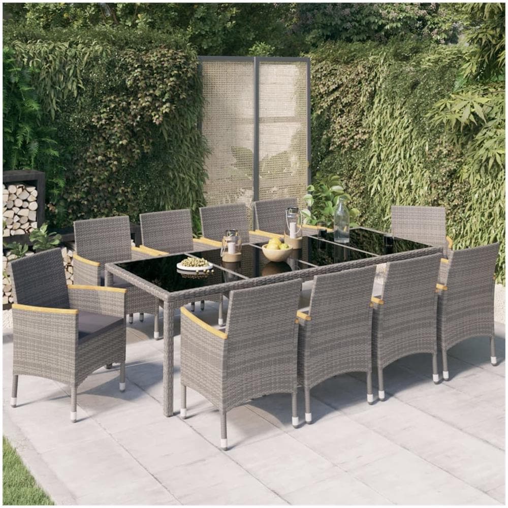 Set Da Pranzo Esterni 11pz Con Cuscini Polyrattan Nero E Grigio - Foto 1