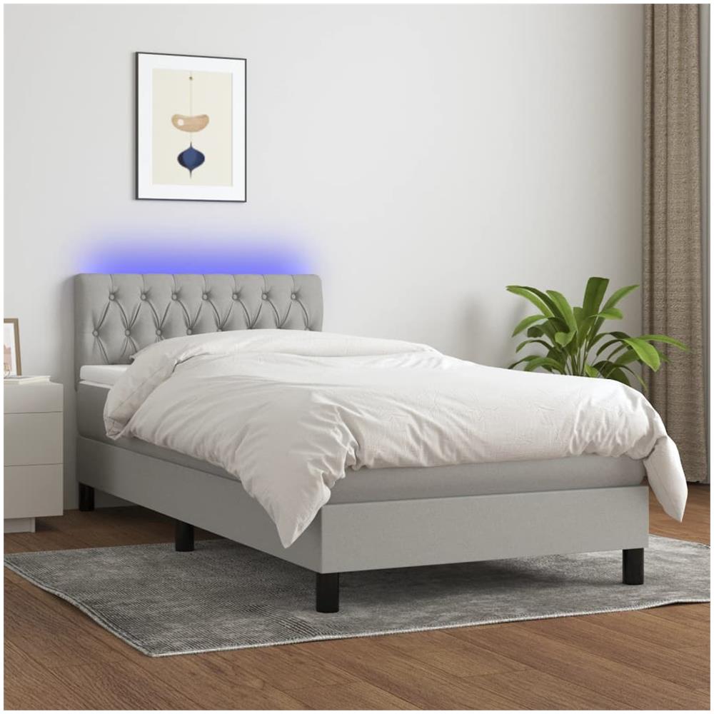 Letto A Molle Materasso E Led Grigio Chiaro 100x200 Cm Tessuto - Foto 1