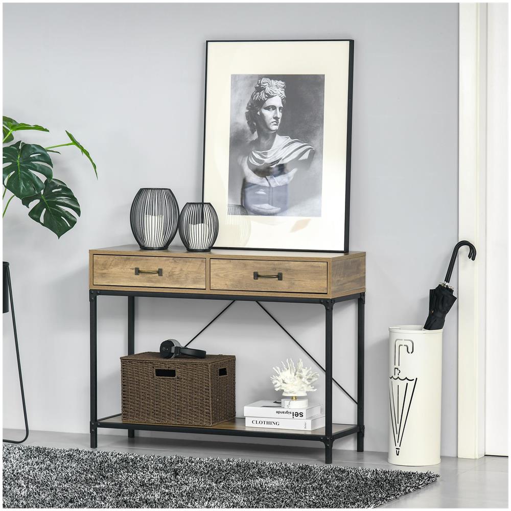 Tavolo Consolle Stile Vintage in Metallo e Legno con 2 Cassetti e Mensola, 100x35x76.5cm, Marrone - Foto 2