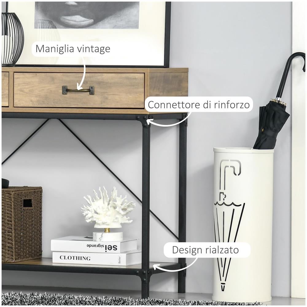 Tavolo Consolle Stile Vintage in Metallo e Legno con 2 Cassetti e Mensola, 100x35x76.5cm, Marrone - Foto 6