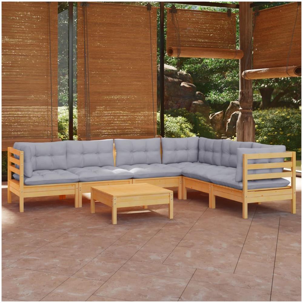 Set Divani Da Giardino 7 Pz Con Cuscini Grigi Massello Di Pino - Foto 1