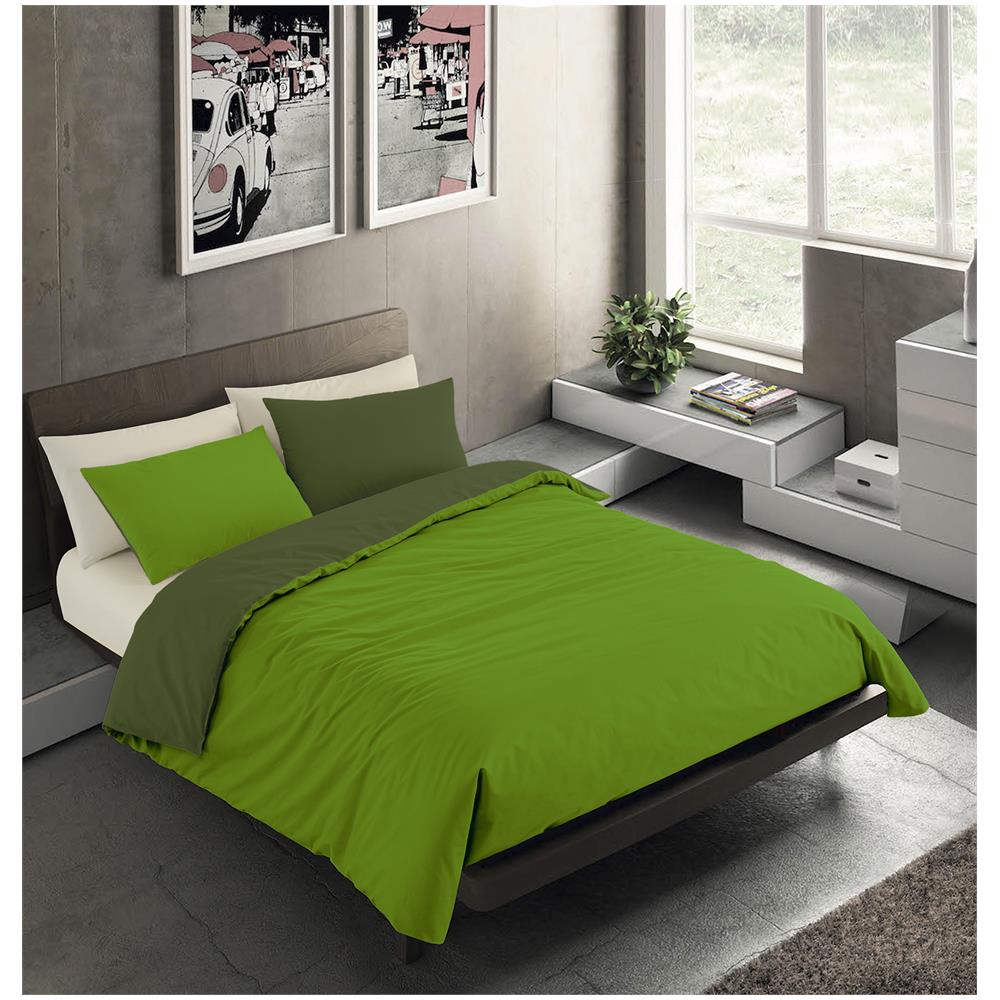 Set Copripiumino Bicolor 100% Microfibra Con Federa Double Face - Una Piazza E Mezza 200x200 Cm - Verde / militare - Foto 1