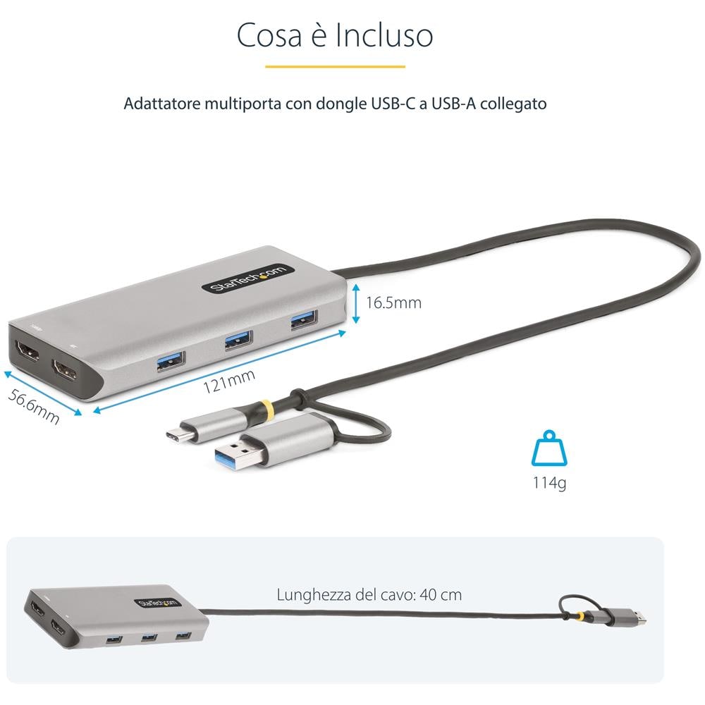 Adattatore multiporta USB-C con dongle USB-C a USB-A, doppio HDMI (4K30Hz / 1080p60Hz), Hub USB-A 5Gbps a 3 porte, mini dock da viaggio, docking station USB tipo C per laptop, Cavo da 40 cm - Foto 12