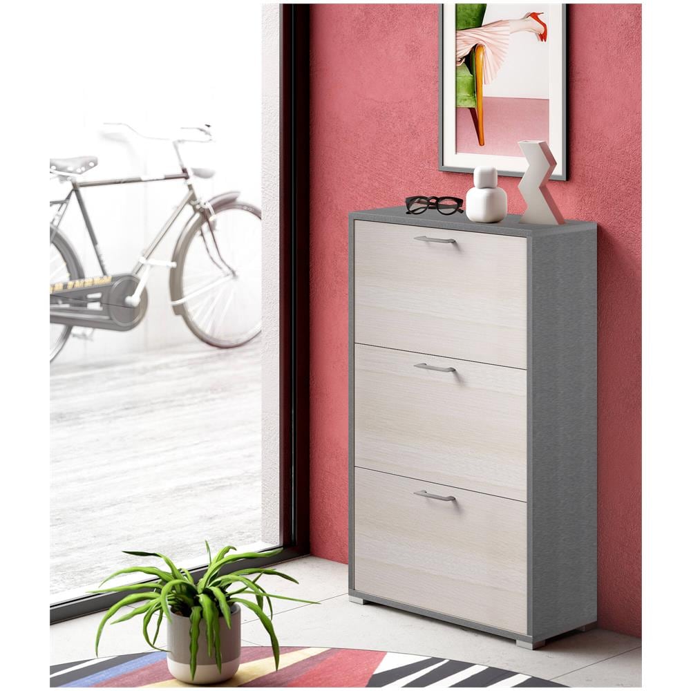 Scarpiera Peonia, Mobile Multiuso Da Ingresso Con 3 Ante A Ribalta, Armadietto Portascarpe A Doppia Profondità, 100% Made In Italy, 67x28h112 Cm, Larice - Foto 1