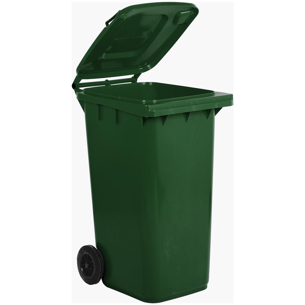 Bidone carrellato verde per la raccolta differenziata rifiuti 240 Lt con ruote e coperchio UNI EN 840 per rifiuti e riciclo - Foto 1