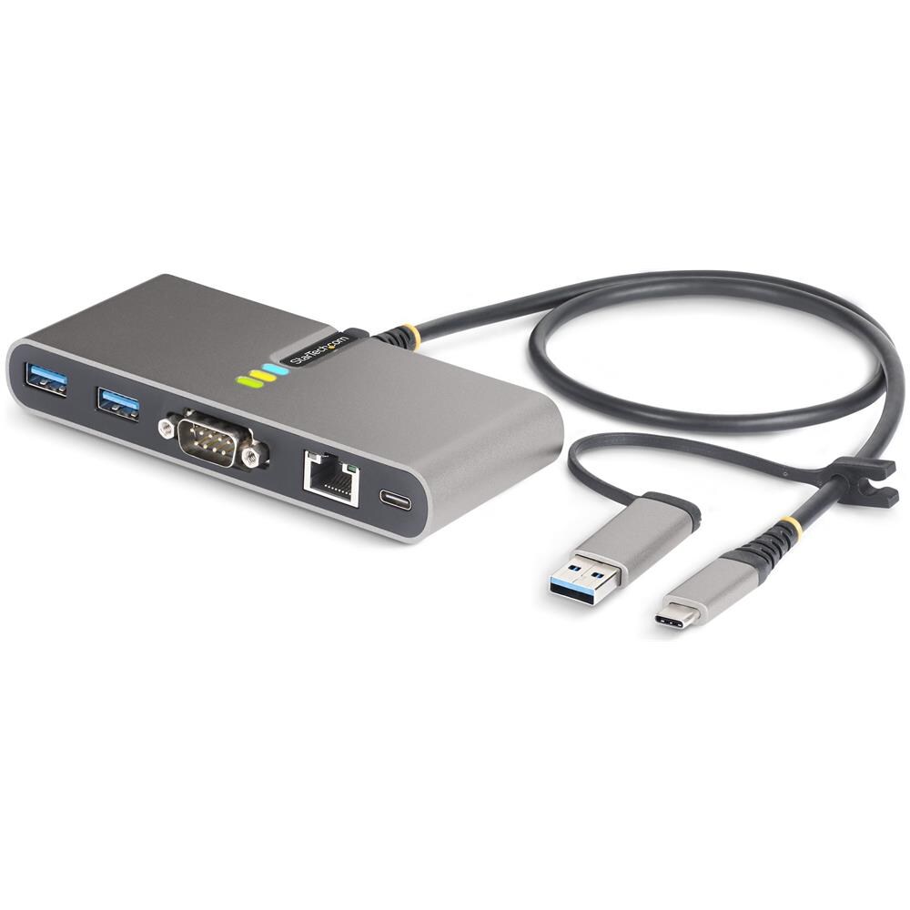 Hub USB-C a 2 porte con Ethernet e RS-232, dongle USB-C a USB-A collegato, 100W PD Pass-through, 2x USB-A 5Gbps, Gigabit Ethernet, RS232 seriale (FTDI) - Foto 1