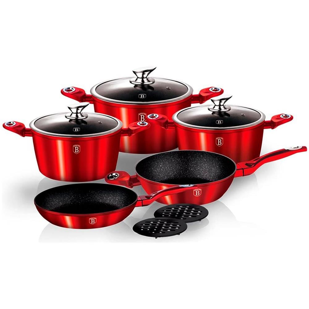 Burgundy Set Pentole Induzione 10-piece Alluminio Antiaderente 3 Casseruoli, 2 Padelle Rosso - Foto 2