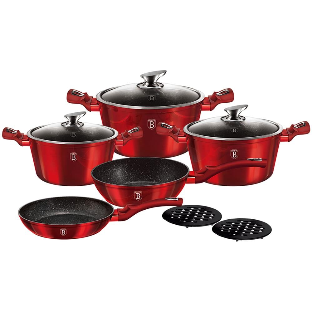 Burgundy Set Pentole Induzione 10-piece Alluminio Antiaderente 3 Casseruoli, 2 Padelle Rosso - Foto 1