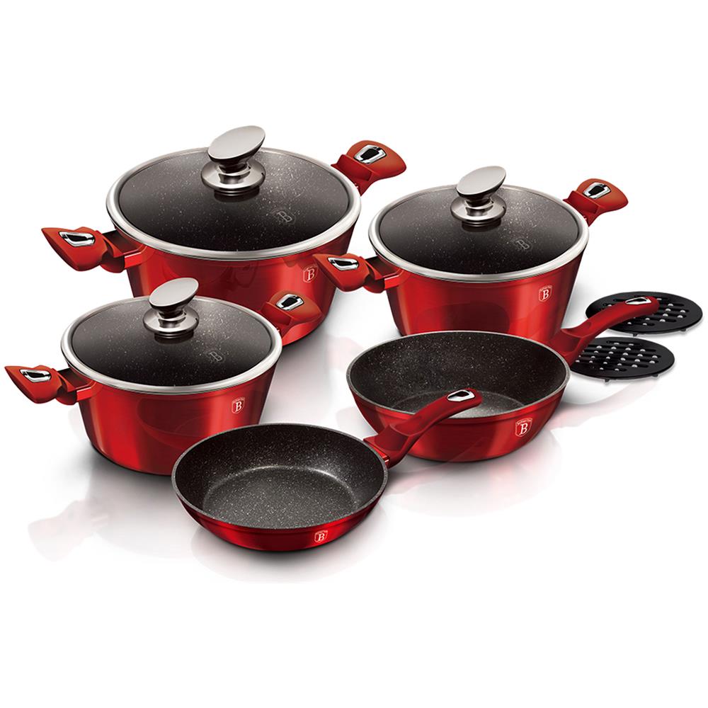 Burgundy Set Pentole Induzione 10-piece Alluminio Antiaderente 3 Casseruoli, 2 Padelle Rosso - Foto 6