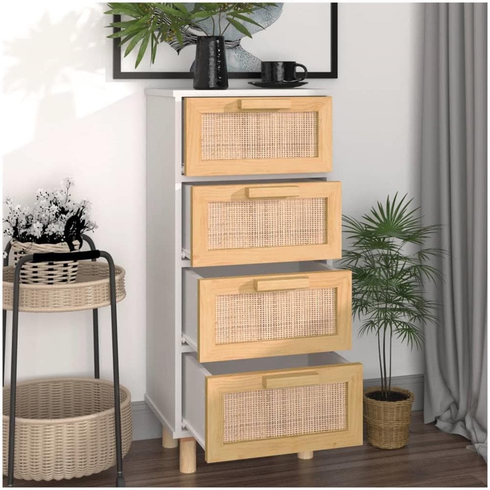 Credenza Bianca 40x30x90cm Legno Massello Pino Rattan Naturale - Foto 5