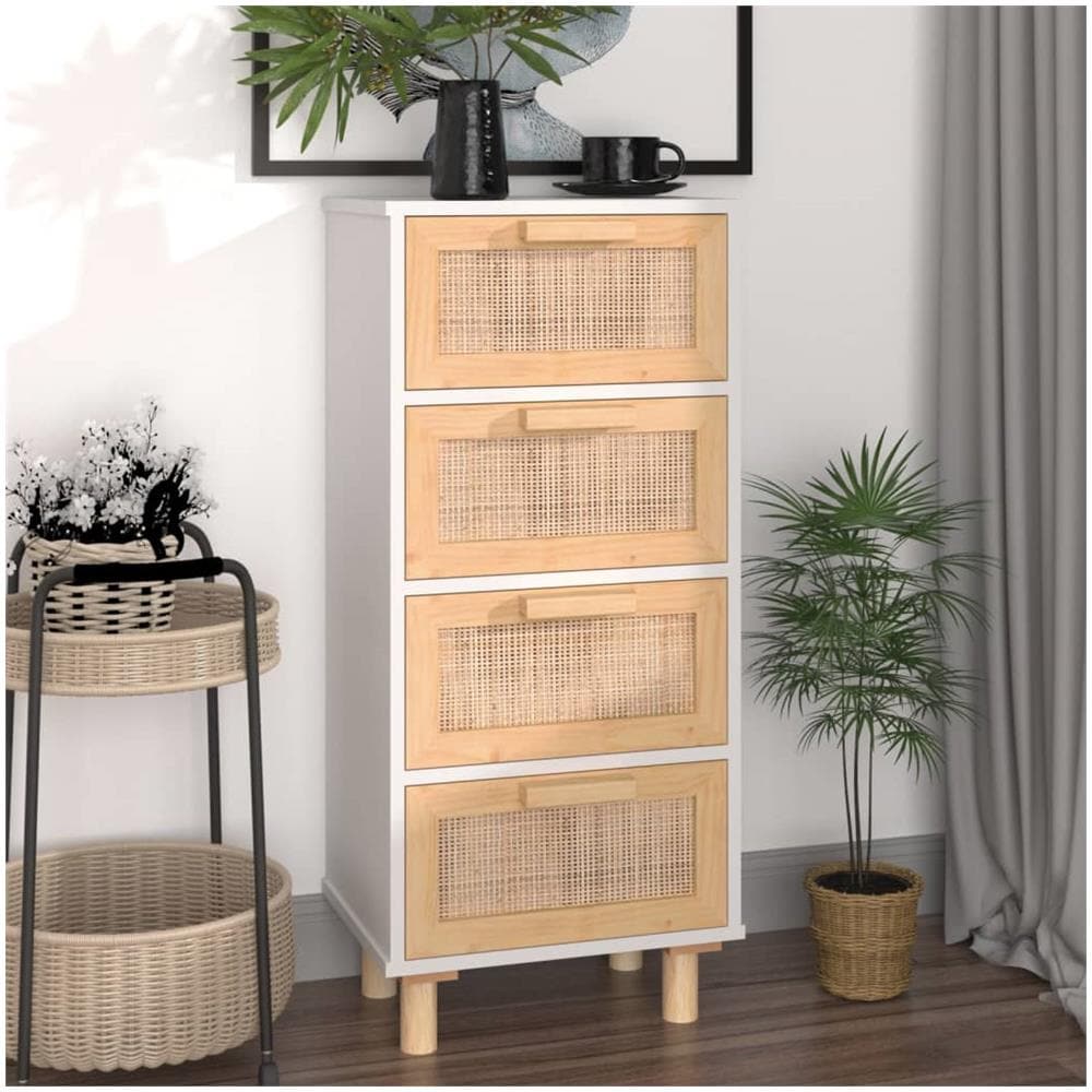 Credenza Bianca 40x30x90cm Legno Massello Pino Rattan Naturale - Foto 1