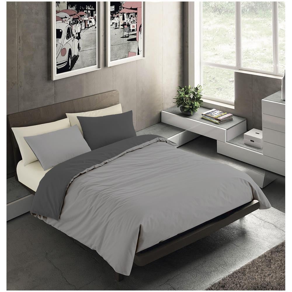 Set Copripiumino Bicolor 100% Microfibra Con Federa Double Face - Singolo 150x200 Cm - Grigio Chiaro / grigio Scuro - Foto 1