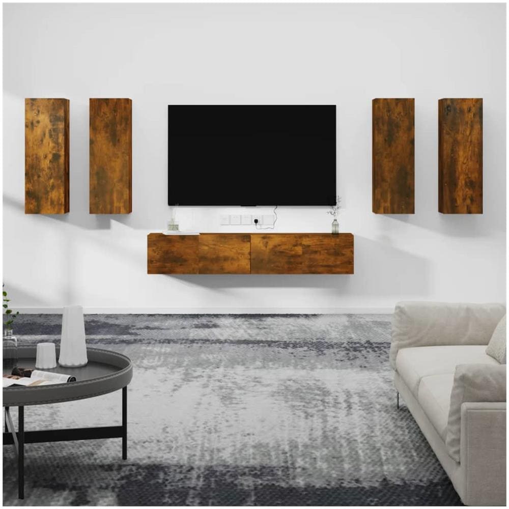 Set Di Mobili Porta Tv 6 Pz Rovere Fumo In Legno Multistrato - Foto 1
