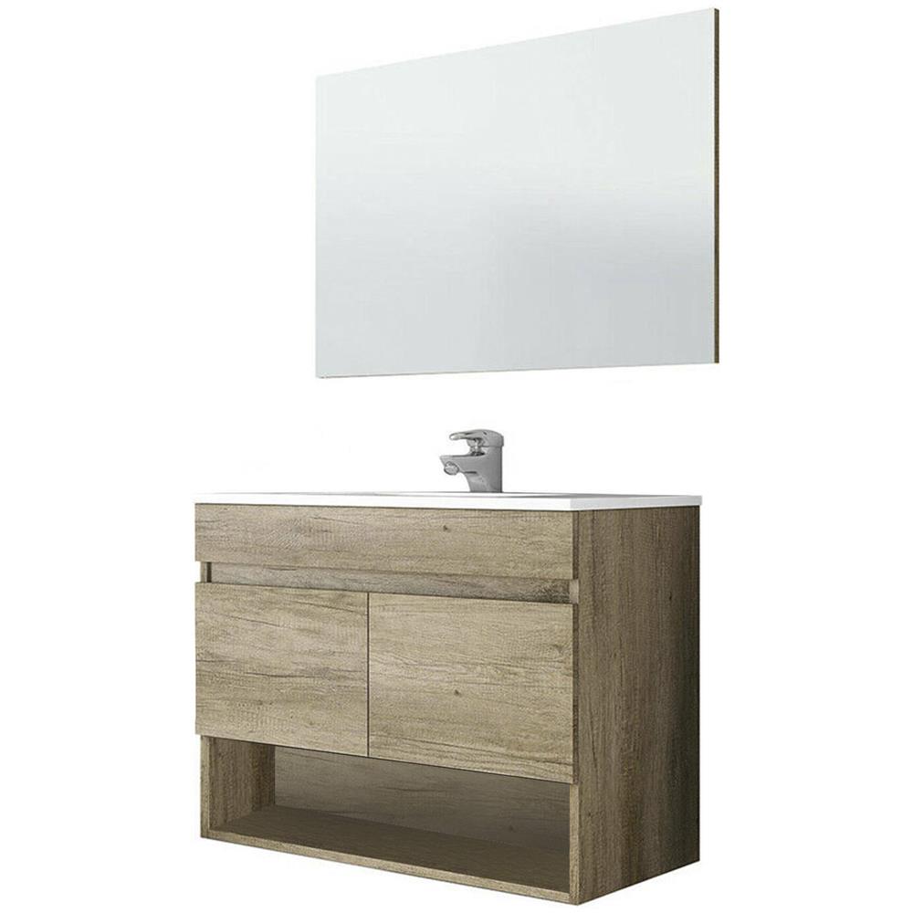 Mobile Sottolavabo Shreveport, Mobiletto Per Bagno A 2 Ante, Armadietto Sospeso Con Ripiano E Specchio, Lavabo Non Incluso, 80x45h64 Cm, Quercia - Foto 2