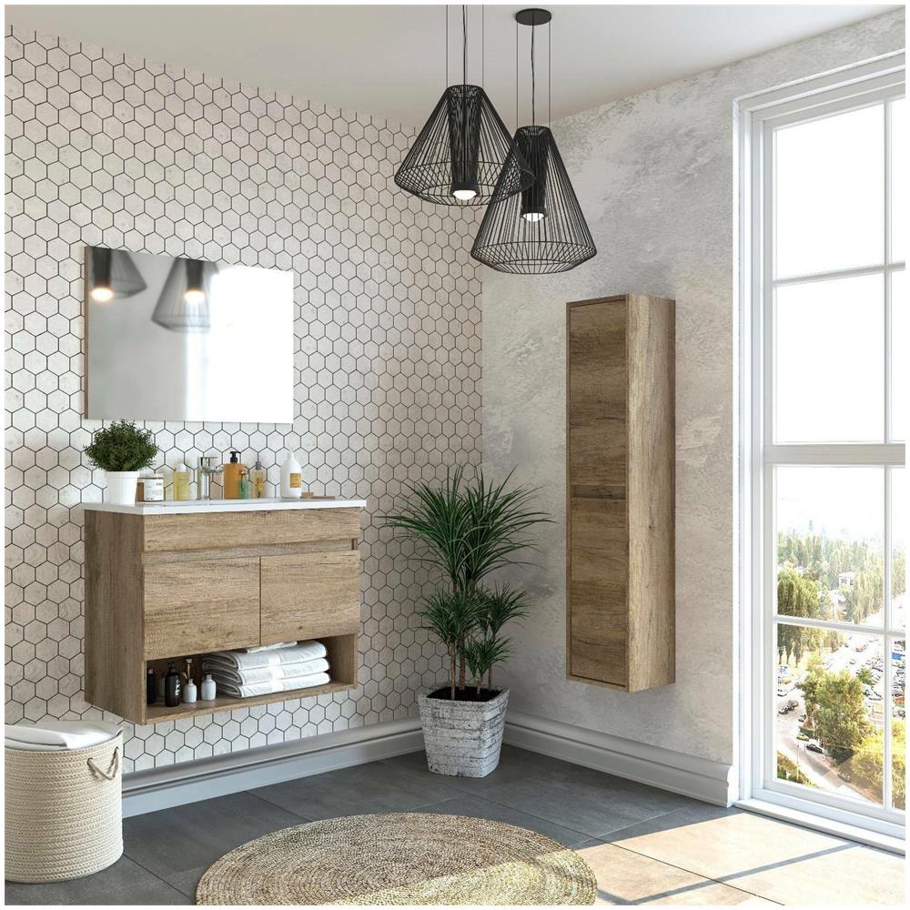 Mobile Sottolavabo Shreveport, Mobiletto Per Bagno A 2 Ante, Armadietto Sospeso Con Ripiano E Specchio, Lavabo Non Incluso, 80x45h64 Cm, Quercia - Foto 4