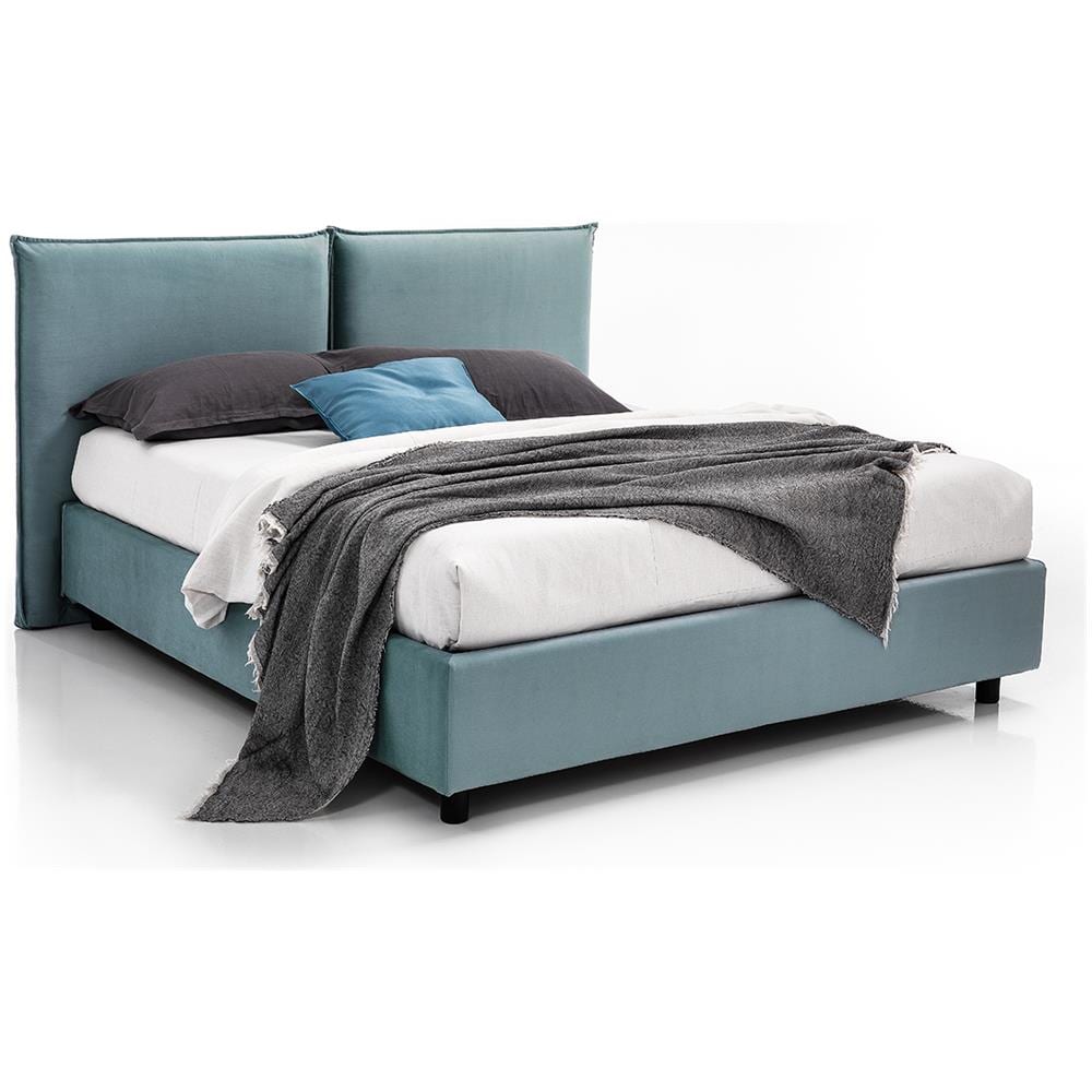 Letto Matrimoniale, Modello Belfast Caratterizzato Da Due Cuscinoni Elementi Decorativi, Rete 160x200 Cm Con Doghe In Legno, Box Contanitore, Tessuto Giroletto Sfoderabile, Made In Italy - Foto 1