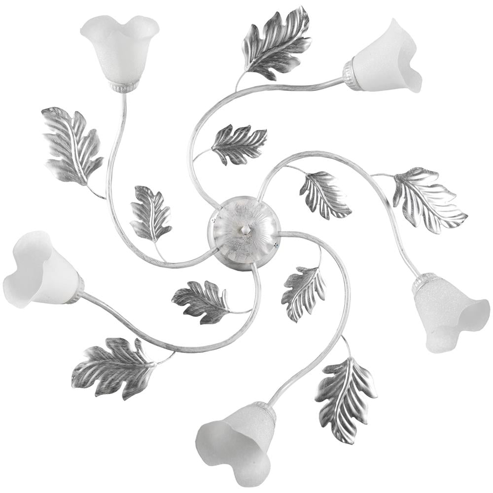 Plafoniera Marilena 5 Luci In Metallo Bianco Spennellato Argento Con Calle In Vetro Bianco - Foto 1