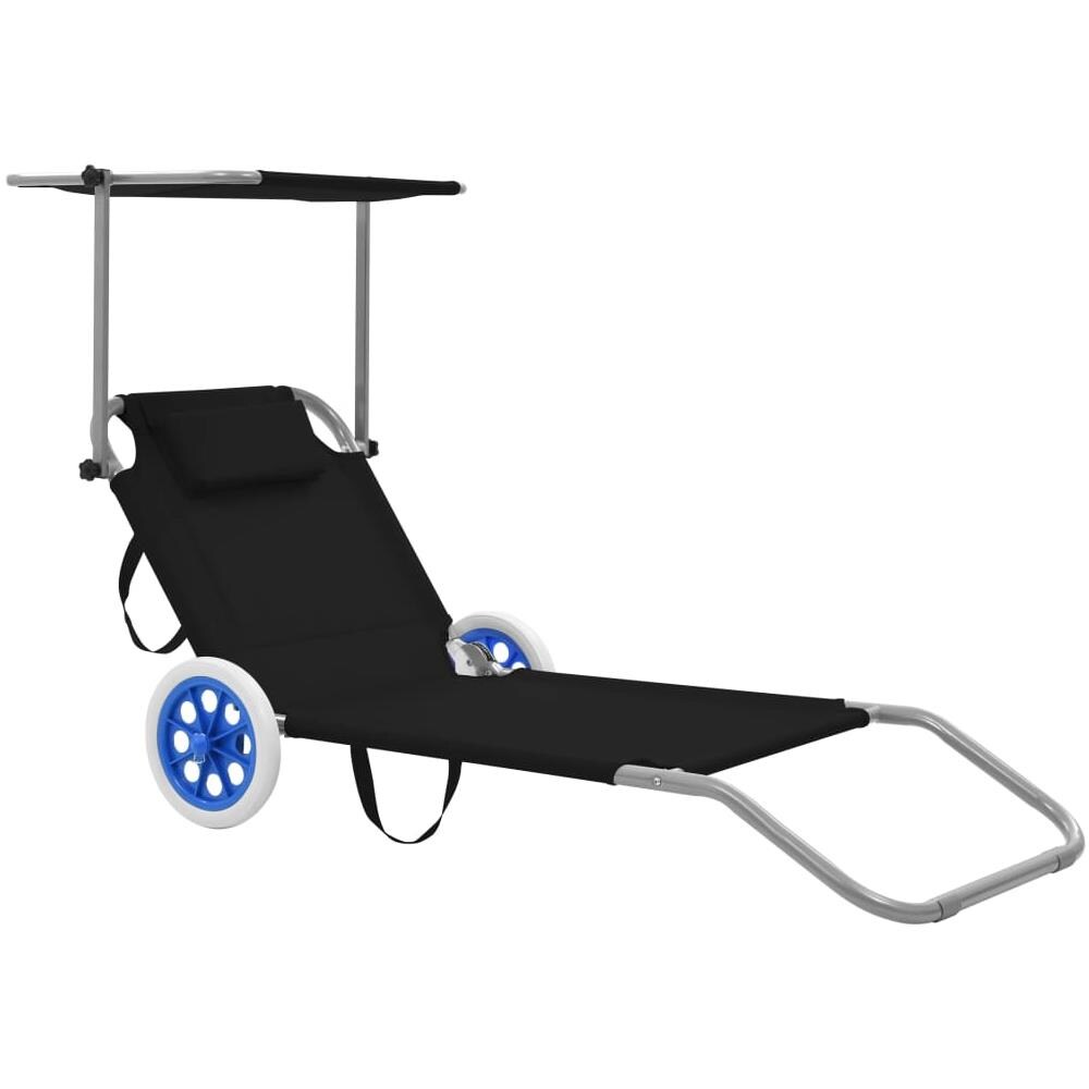 Lettino Prendisole Pieghevole Baldacchino e Ruote Acciaio Nero - Foto 1