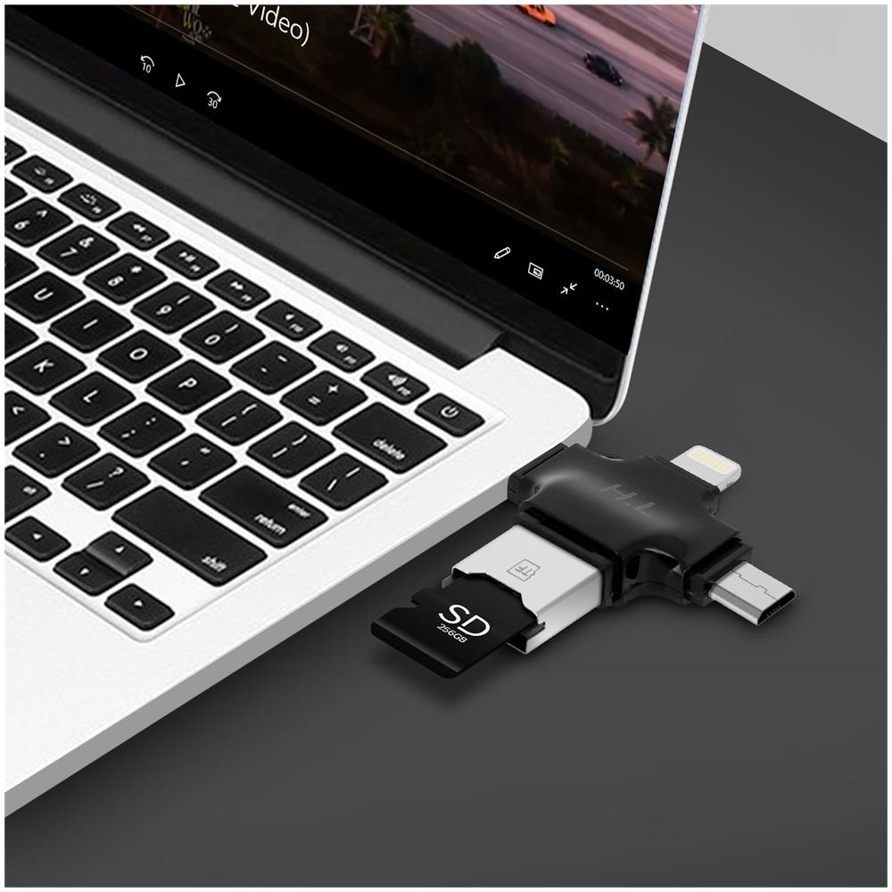 Lettore Schede Micro Sd 4 In 1 Usb-c / Lightning / Micro-usb / Usb Compatto Nero - Foto 5