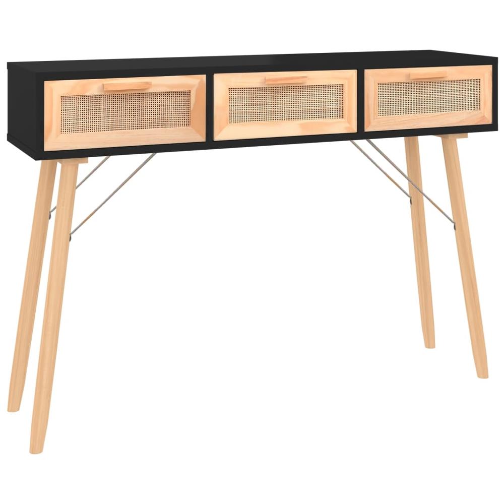 Tavolo Consolle Nero 105x30x75cm Massello Pino Rattan Naturale - Foto 2