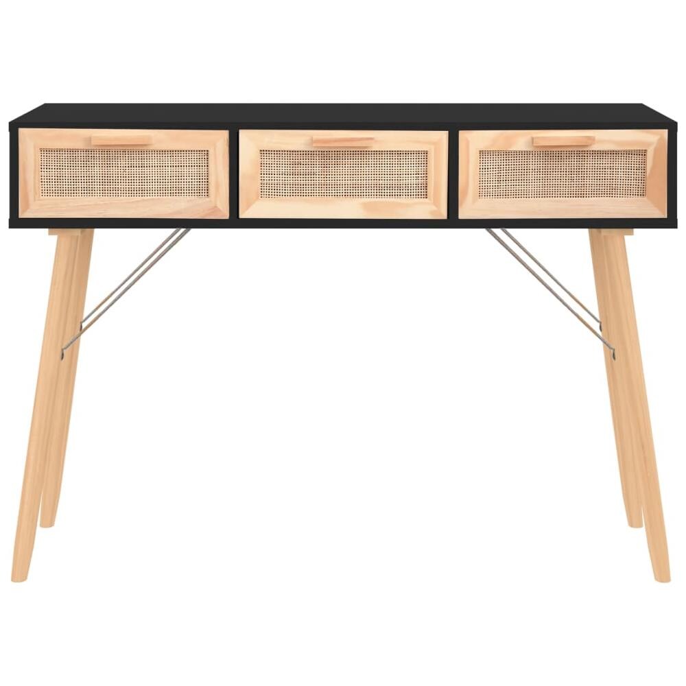 Tavolo Consolle Nero 105x30x75cm Massello Pino Rattan Naturale - Foto 3