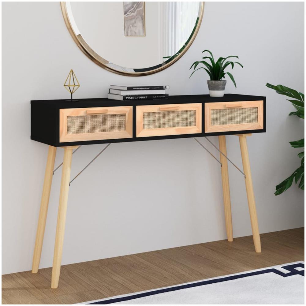 Tavolo Consolle Nero 105x30x75cm Massello Pino Rattan Naturale - Foto 1