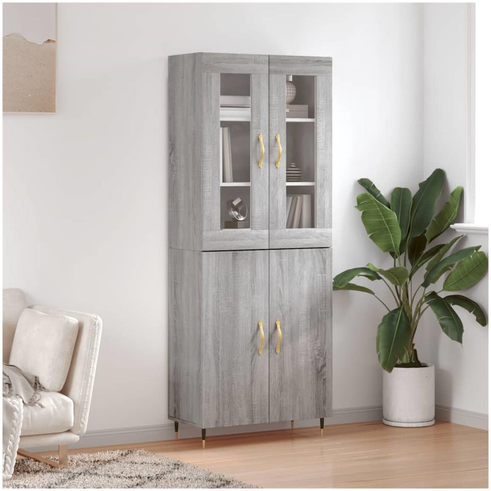 Credenza Grigio Sonoma 69,5x34x180 Cm In Legno Multistrato – Mobile Con Ante E Piedini In Metallo Per Soggiorno E Ufficio