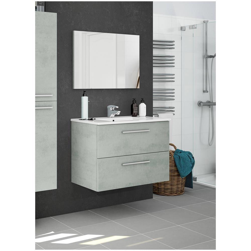 Mobile Sottolavabo Inglewood, Mobiletto Per Bagno Sospeso, Armadio A 2 Cassetti E Specchio, 80x45h57 Cm, Cemento - Foto 1
