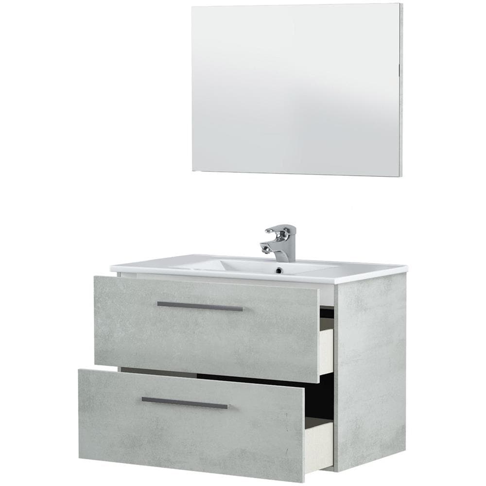 Mobile Sottolavabo Inglewood, Mobiletto Per Bagno Sospeso, Armadio A 2 Cassetti E Specchio, 80x45h57 Cm, Cemento - Foto 2