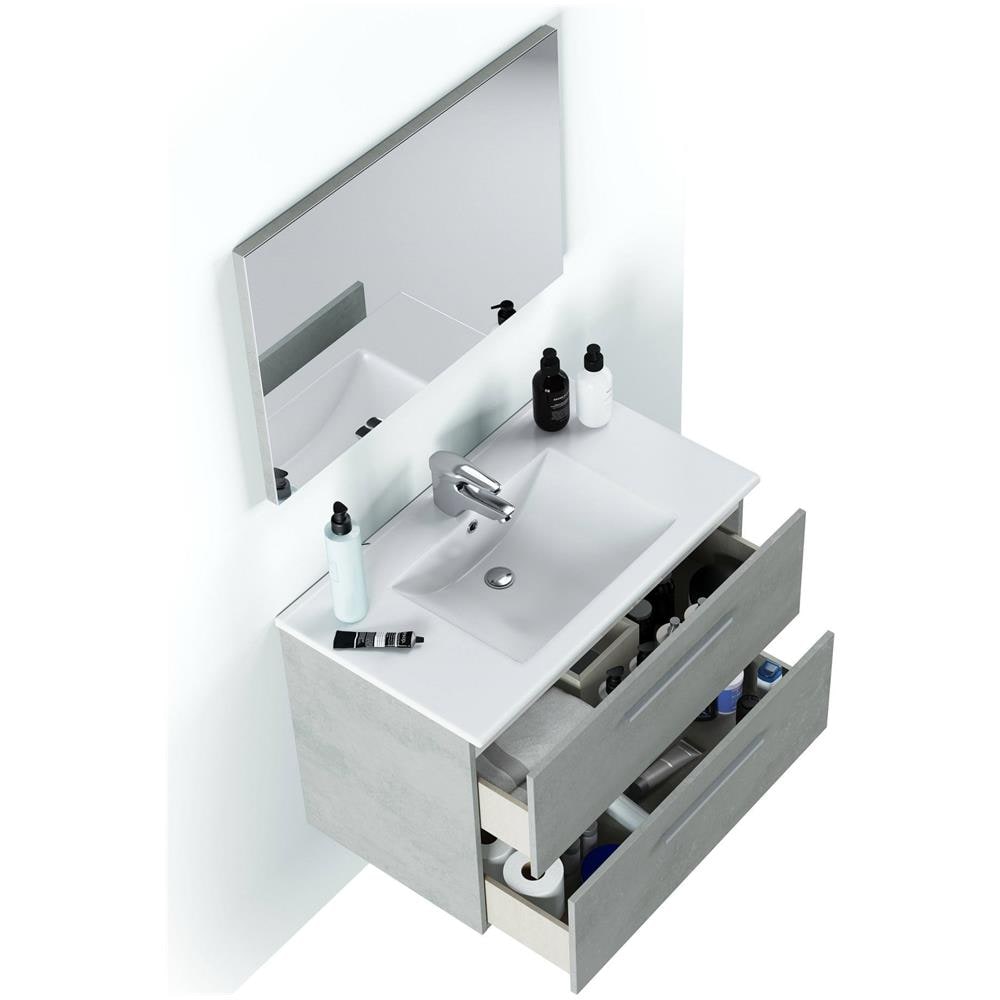 Mobile Sottolavabo Inglewood, Mobiletto Per Bagno Sospeso, Armadio A 2 Cassetti E Specchio, 80x45h57 Cm, Cemento - Foto 4