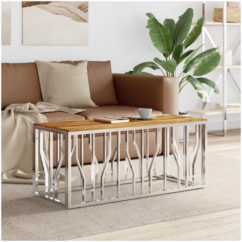 Tavolino Da Salotto Argento In Acciaio Inox E Massello D'acacia - Foto 1