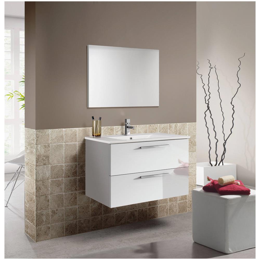 Mobile Sottolavabo Inglewood, Mobiletto Per Bagno Sospeso, Armadio A 2 Cassetti E Specchio, 80x45h57 Cm, Bianco Lucido - Foto 1