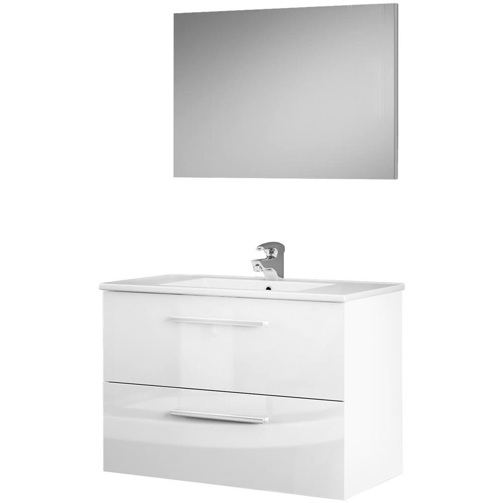 Mobile Sottolavabo Inglewood, Mobiletto Per Bagno Sospeso, Armadio A 2 Cassetti E Specchio, 80x45h57 Cm, Bianco Lucido - Foto 2