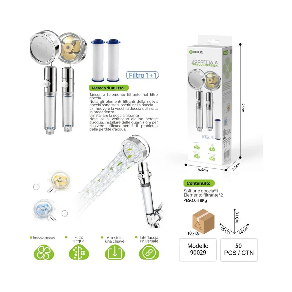 Soffione Doccia Turbo Elica Alta Pressione Doccetta Girevole 360 Turbocompressa - Foto 2