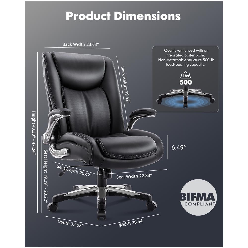 Sedia da ufficio grande e alta Sedia da direttore resistente con schienale alto e braccioli ripiegabili, ideale per il home office, nero - Foto 1