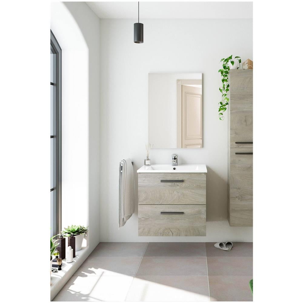 Mobile Sottolavabo Fontana, Mobiletto Per Bagno A 2 Cassetti, Armadietto Sospeso Con Specchio, Lavabo Non Incluso, 60x45h57 Cm, Rovere - Foto 1