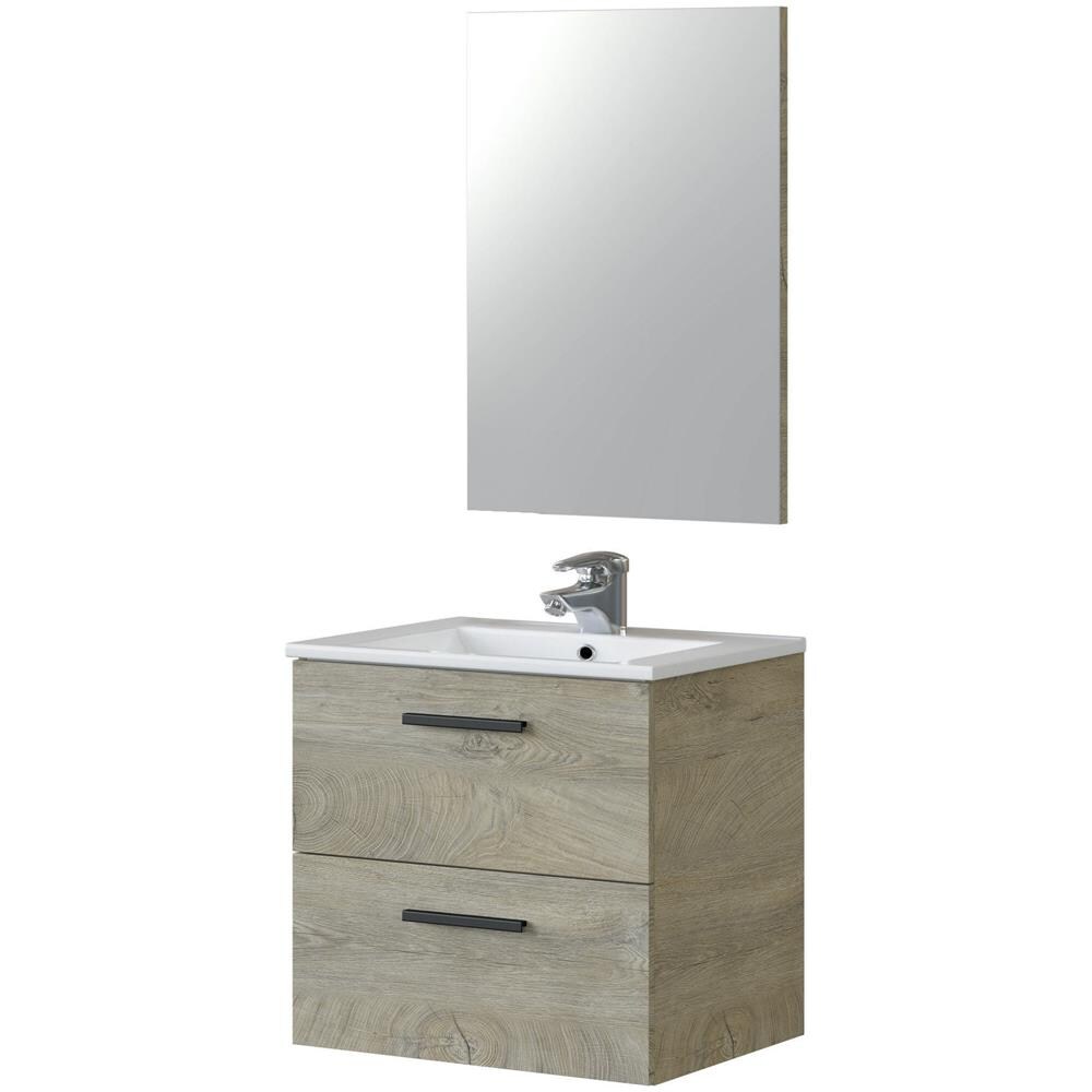 Mobile Sottolavabo Fontana, Mobiletto Per Bagno A 2 Cassetti, Armadietto Sospeso Con Specchio, Lavabo Non Incluso, 60x45h57 Cm, Rovere - Foto 2